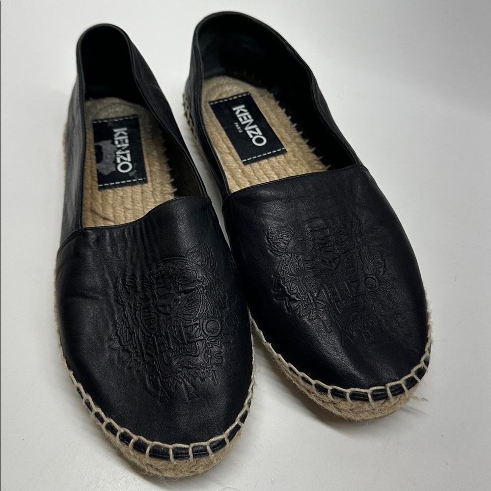 Kenzo Espadrilles Slip On Flats Shoes Leather Jute Tiger Logo Black Women Size 8